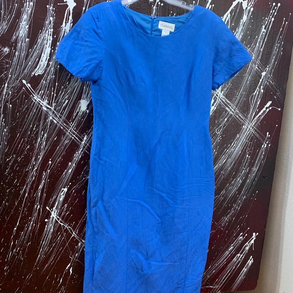 Vintage Chadwicks Blue Linen Blend Sheath Dress Short Sleeve Midi Size 12